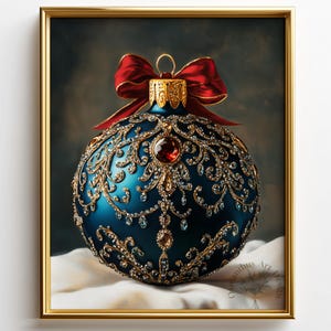 May include: A framed print of a teal Christmas ornament with gold filigree, red jewels, and a red bow. The ornament is resting on a white cloth, and the frame is gold.