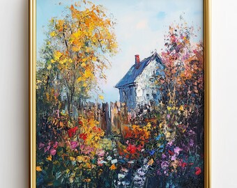 Charmantes Landhaus in üppigem Garten - Cottagecore Botanische Landschaftsszene Kunstdruck, (Digitaler Download) 682