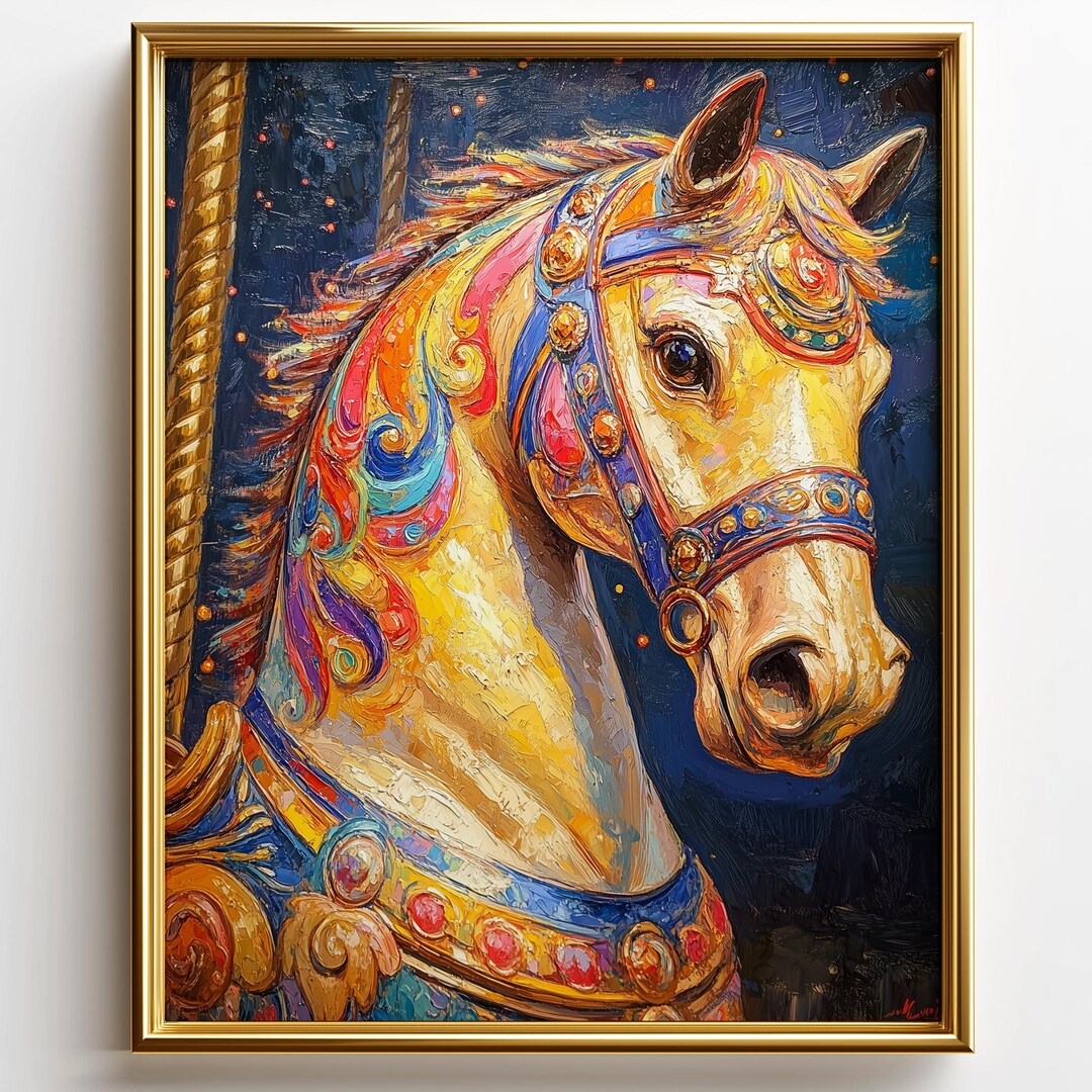 Vintage Carousel Horse Painting, Whimsical Theme Park Wall Art (digital ...
