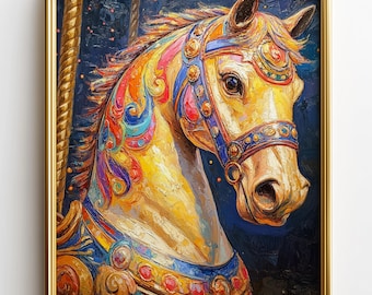Vintage Carousel Horse Painting, Whimsical Theme Park Wall Art (Digital Download) 352