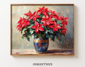 Väggkonst med julstjärnebukett – Traditionellt högtidsstilleben, mysig juldekoration (digital nedladdning) 471