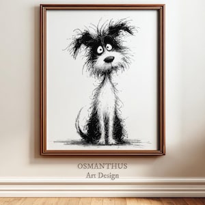 Puede incluir: Impresión artística enmarcada con una ilustración en blanco y negro de un perro con expresión de sorpresa. El perro tiene pelo desgreñado y ojos grandes. El texto "OSMANTHUS Art Design" está en la parte inferior.