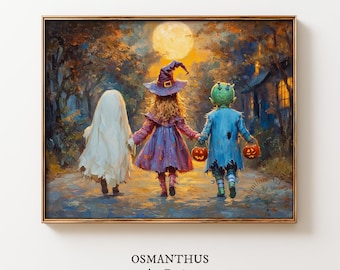 Children Halloween Trick or Treat Print – Spooky Monster Costumes Wall Art (Digital Download)