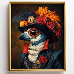May include: A framed portrait of a bird with blue and white feathers, wearing a black top hat adorned with flowers, a pocket watch, and steampunk-style goggles. The bird is dressed in a dark blue jacket with gold accents and a red collar.