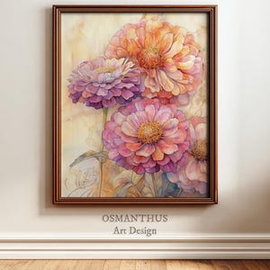 May include: A framed floral art print featuring watercolor-style zinnias in shades of pink, purple, and orange. The flowers have yellow centers and are set against a soft, textured background. The frame is a dark brown color. The text "OSMANTHUS Art Design" is visible.