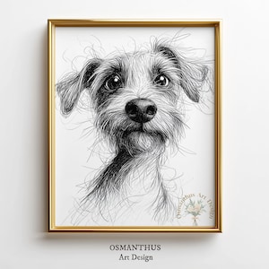 May include: A framed black and white sketch of a dog's face. The artwork features detailed line work, capturing the dog's expressive eyes and textured fur. The frame is gold, and the artwork is signed "OSMANTHUS Art Design".