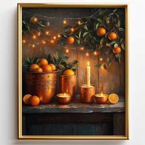 May include: A framed painting depicts a still life with oranges, candles, and copper containers. Oranges are in a decorative copper pot and a copper cylinder. A lit candle and string lights add warmth to the scene.