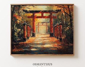 Dipinto ad olio "Sentiero del santuario zen autunnale" - Arte murale per giardino giapponese (Download digitale) 253