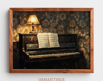 May include: A framed print of a vintage piano with sheet music and a lit lamp. The piano is dark brown with a detailed design, set against a floral wallpaper background. The print is framed in a wooden frame. The text "OSMANTHUS Art Design" is at the bottom.
