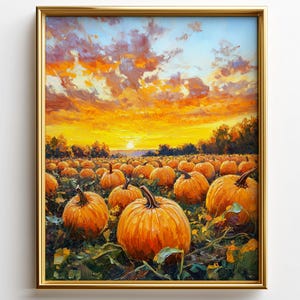 May include: A framed oil painting depicts a pumpkin patch at sunset. The sky is filled with orange and yellow hues, and the pumpkins are a vibrant orange. The painting is in a gold frame.