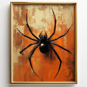 May include: A framed painting of a black spider against an orange and cream-colored background. The spider is the focal point, with its long legs and bulbous body. The artwork is in a gold frame, adding a touch of elegance to the spooky theme.