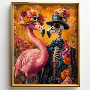 May include: A framed artwork featuring a pink flamingo and a skeleton figure with a bird-like skull. The flamingo wears a floral crown, while the skeleton is adorned in a suit and hat, also decorated with flowers. The background is a colorful floral scene.