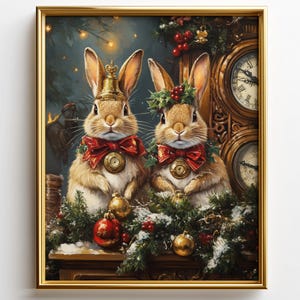 May include: A framed painting features two rabbits adorned with festive attire. One rabbit wears a golden crown, the other a holly wreath. Both sport red bow ties with pocket watches. The scene includes Christmas ornaments and a vintage clock.