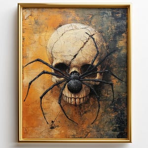 May include: A framed painting featuring a skull with a large black spider. The skull is off-white with cracks, and the spider is centered over the skull's mouth. The background has a textured, abstract design in shades of orange and dark green.