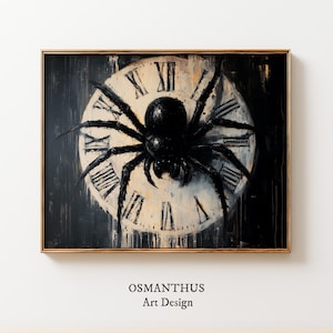 May include: A framed artwork featuring a black spider centered on a clock face with Roman numerals. The clock face is off-white with black hands and numerals. The background is dark, and the frame is gold.