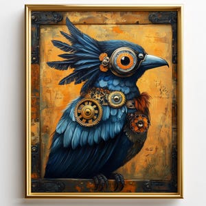 Clockpunk Mexican Jay Painting - Dia de los Muertos Bird Art, Ornate Steampunk Decor, (Digital Download) 409