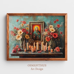 May include: A framed artwork featuring a religious icon surrounded by candles and floral arrangements. The painting depicts a figure in a green robe with a halo, set against a teal background. The artwork is framed in a wooden frame, with the text "OSMANTHUS Art Design" at the bottom.