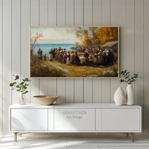 Puede incluir: Pintura de paisaje enmarcada que representa a un grupo de personas cerca de un cuerpo de agua. La obra de arte utiliza una paleta de colores cálidos y presenta figuras con vestimenta de época. Una mesa con comida sugiere una comida comunitaria. El texto "OSMANTHUS Art Design" es visible.