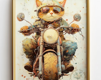 バイクに乗ったクールな猫の絵画 - レトロなロードトリップアートプリント、バイカー猫の壁飾り、（デジタルダウンロード）1007