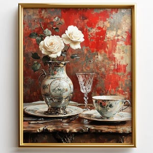 May include: A framed still life painting featuring a vase with white roses, a teacup, a saucer, a wine glass, and a plate. The vase and teacup have floral patterns. The background is a textured mix of red, gray, and beige.