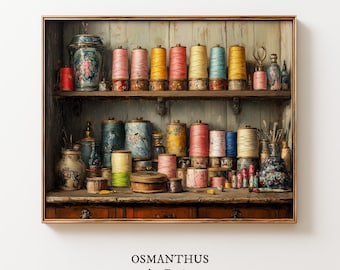 Vintage naaiconcepten en -benodigdheden kunstwerk, klossen, linten en draad, displaydecor, kleermakersstudio schilderij - directe digitale download 992