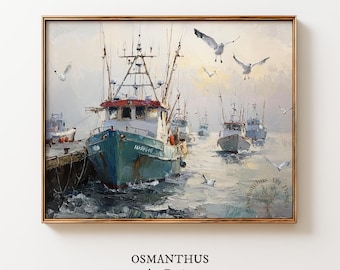 Scena di porto con barca da pesca – Dipinto costiero vintage (Download digitale) 670