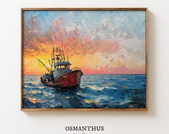 漁船の夕日プリント – 停泊中の海のアート、航海をテーマにした海岸の壁飾り（デジタルダウンロード）175