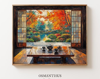 Printable Autumn Tea Ceremony Painting – Japanese Fall Landscape Art Decor (Digital Download) 256