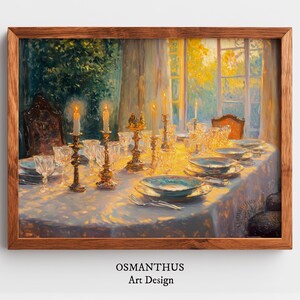 May include: A framed painting of a dining table set for a formal meal. Lit candles illuminate the table, reflecting off the crystal glassware and china. The artwork features a warm color palette with a window view in the background.