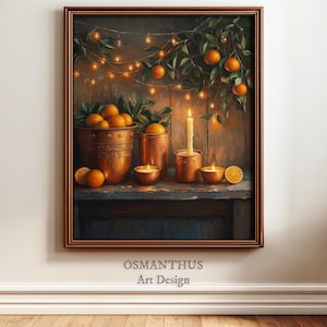 May include: A framed still life painting featuring oranges, candles, and copper containers. The painting includes a copper bucket filled with oranges, a lit candle, and string lights. The text "OSMANTHUS Art Design" is visible.