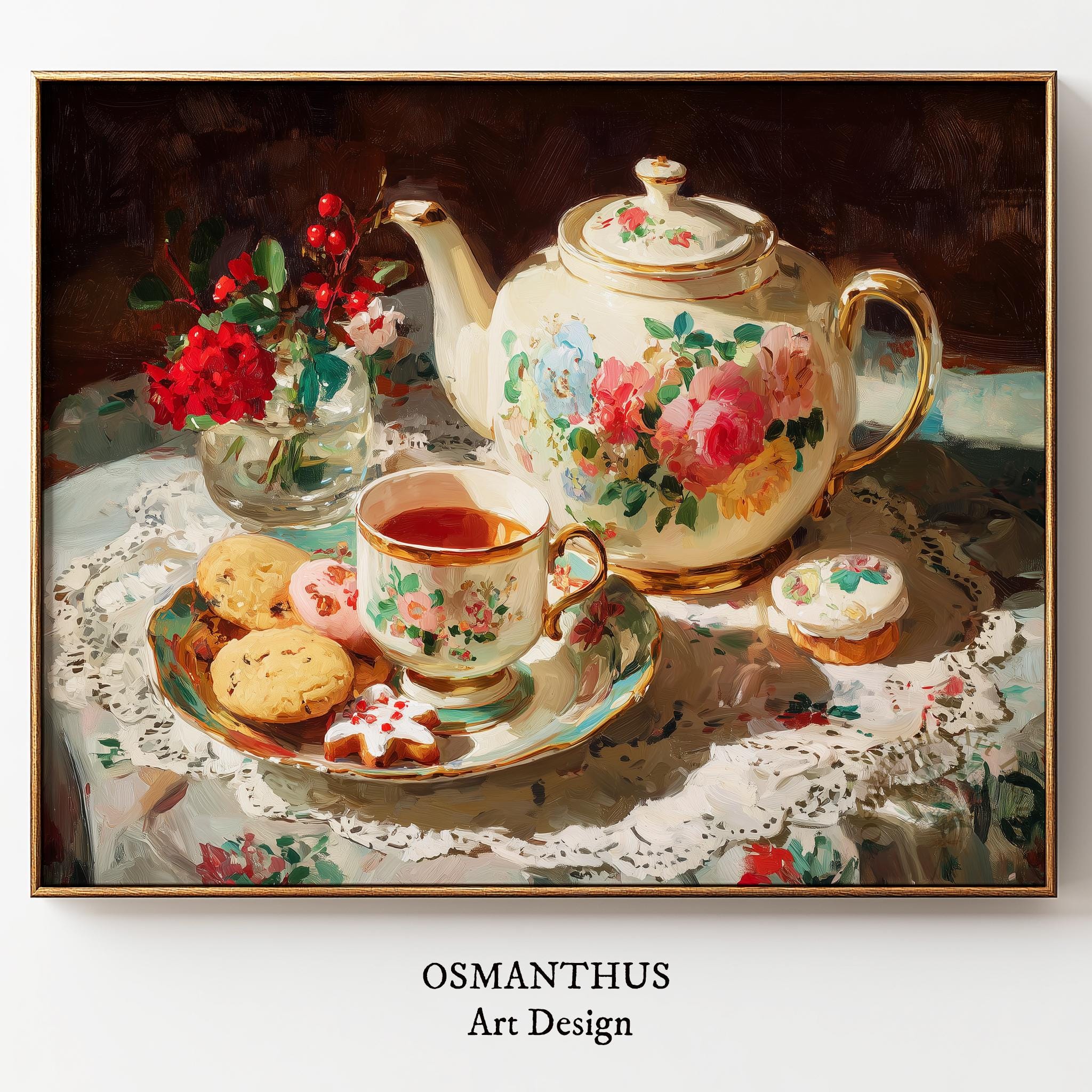 Tea Time Still Life Printable Art - Elegant Floral Teapot and Cup