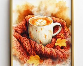 Cozy Autumn Pumpkin Spice Latte Watercolor Print – Rustic Fall Kitchen Decor - Digital Download 6