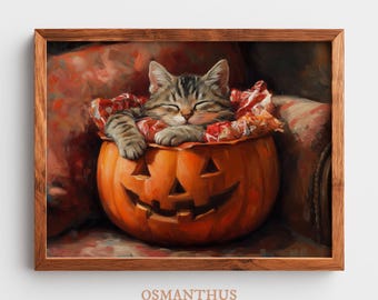 Halloween Cat in Pumpkin Oil Painting - Cozy Autumn Decor, Playful Tabby Art, Printable Halloween Wall Art, Festive Fall Download 182
