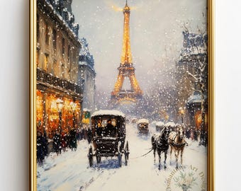 Paris Winter Scene with Eiffel Tower Printable Art - French Street Painting, Snowy Parisian Landscape Wall Decor, Digital Download 230