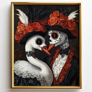 May include: A framed artwork featuring two swan-like figures in Day of the Dead attire. One is white with a black lace collar, the other a skeleton in a black coat with red accents. Both wear hats adorned with red roses.