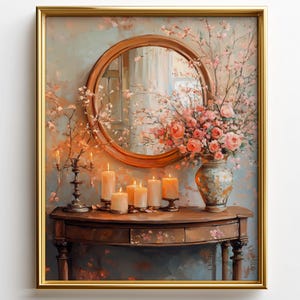 May include: A framed painting featuring a round mirror above a wooden table. A vase of pink flowers sits on the table, along with lit candles and a candelabra. The background has a floral pattern and a soft color palette.