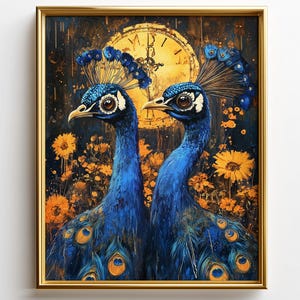May include: Framed artwork featuring two blue peacocks with elaborate crests and tail feathers. The background includes a golden clock and yellow flowers, all set against a dark, textured backdrop. The artwork is enclosed in a gold frame.