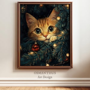 May include: A framed art print featuring a ginger cat peeking through a Christmas tree. The cat has large green eyes and is surrounded by dark green branches, red ornaments, and twinkling lights. The artwork is signed "OSMANTHUS Art Design".