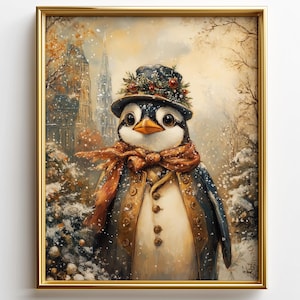 May include: A framed painting of a penguin in a winter scene. The penguin is wearing a top hat with berries, a scarf, and a coat. The background shows a snowy landscape with buildings and trees. The painting has a gold frame.