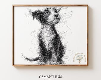 Scribble Hund Linie Art Print - Minimalistische Haustier Wanddekoration, süße Tier Illustration zum Ausdrucken, (Digitaler Download) 330