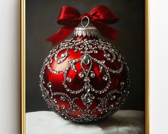 May include: A framed print of a red Christmas ornament with intricate silver detailing and sparkling embellishments. A large red bow sits atop the ornament. The artwork is set against a dark background.