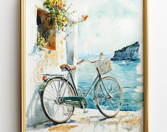 Aquarel fiets kustkunstprint – kustlandschap, oceaanzicht muurdecor (digitale download) 173