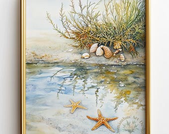 Tide Pool Starfish Watercolor Print – Coastal Beach Seascape Wall Decor (Digital Download) 170