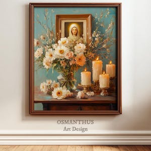 Puede incluir: Pintura enmarcada que presenta un retrato de una mujer con velo blanco, un jarrón con flores blancas y melocotón, y velas encendidas. La pintura está sobre un fondo turquesa. El marco es marrón. El texto "OSMANTHUS Art Design" está en la parte inferior.