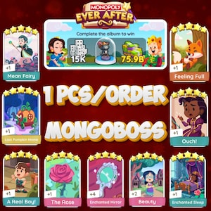 Puede incluir: Imagen promocional de Monopoly Ever After, con tarjetas de personajes. Las tarjetas muestran ilustraciones de un hada malvada, una casa de calabaza, un chico de verdad, una rosa, un espejo encantado, Bella y más. El texto "1 PCS/ORDER MONGOBOSS" también es visible.