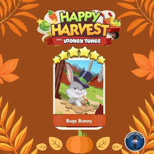 May include: A digital game card featuring Bugs Bunny wearing a top hat with a green band, emerging from a hole while holding a carrot. The card is labeled Bugs Bunny and topped with five yellow stars, set against a brown background with autumn leaves.