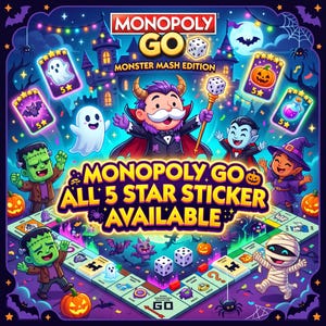 May include: A Monopoly Go Monster Mash Edition game board illustration featuring a central character with horns and a cape, surrounded by cartoon monsters, ghosts, pumpkins, and five-star sticker cards. The text reads Monopoly Go Monster Mash Edition and Monopoly Go All 5 Star Sticker Available.
