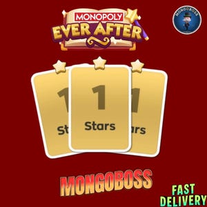 Könnte beinhalten: Drei goldfarbene Monopoly Ever After Spielkarten mit der Zahl "1" und dem Wort "Stars" aufgedruckt. Das Monopoly Ever After Logo befindet sich oben und das Mongoboss Logo unten, vor rotem Hintergrund.