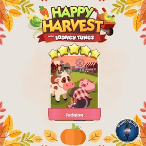 May include: A digital game card titled Happy Harvest with Looney Tunes featuring a five-star rating. The central illustration shows a cow and a pig in a fairground setting with a person holding a clipboard. The text Judging is displayed below.