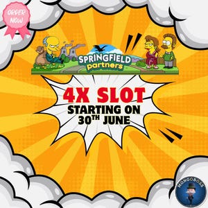Puede incluir: Un gráfico promocional con personajes de dibujos animados de Springfield Partners, incluidos el Sr. Burns y la familia Flanders. El texto dice 4X SLOT STARTING ON 30TH JUNE, con una insignia ORDER NOW y un pequeño logotipo circular abajo a la derecha.